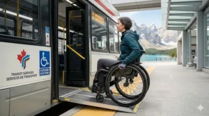 Illustration of a person in a nimble carbon fiber wheelchair efficiently boarding an accessible, low-floor Canadian public transit bus.