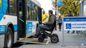 An adult navigating an urban transit station platform in Quebec with a compact quick fold wheelchair near bilingual accessibility signs.