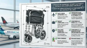 Compliance checklist for an ultra lightweight wheelchair for travel, meeting Air Canada and WestJet gate-check and carry-on size regulations.