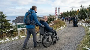 Person pushing a compact folding wheelchair along an accessible gravel trail at a Parks Canada coastal park near a lighthouse.