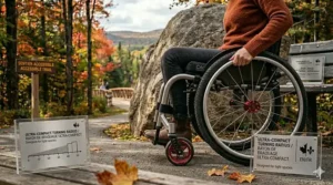 Close-up illustration of ergonomic, easy-to-use hand brakes on an aluminum wheelchair frame for maximum safety on sloped terrain.