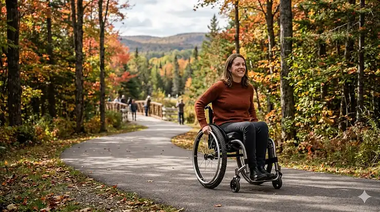 A smiling woman using the best aluminum wheelchair on a paved accessible path in a vibrant Canadian maple forest during the fall season.