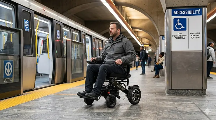 Senior Canadian man using an electric quick fold wheelchair on a paved path in a Vancouver park with a companion walking alongside.
