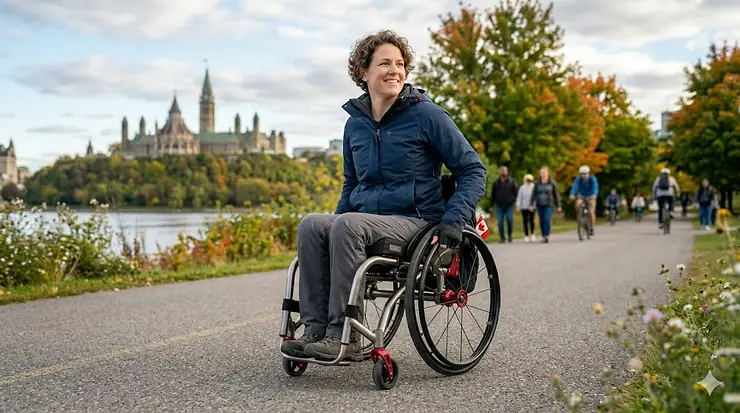 A detailed photograph of an active user navigating a sleek, lightweight titanium wheelchair along a scenic paved pathway by the Ottawa River, with the Canadian Parliament Buildings visible in the distance under natural daylight.