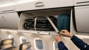 Illustration of a folded wheelchair fitting into an aircraft overhead compartment, highlighting the best travel wheelchair options for Canadian airline flights.