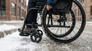 Close-up vector drawing of durable, shock-absorbing wheels engineered for the best travel wheelchair to handle uneven Canadian sidewalks and light slush.