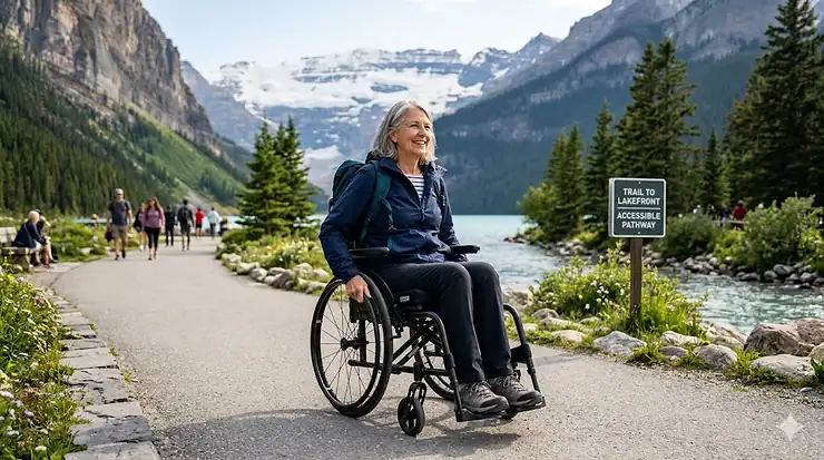 An active traveler using the best travel wheelchair on a paved, accessible trail with the Canadian Rocky Mountains in the background.