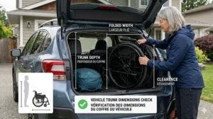 Graphic sizing layout of a lightweight folding wheelchair fitting into a car trunk, showing why it is the best travel wheelchair for road trips.