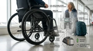 Technical specifications layout illustrating the handbrake and locking system of the best travel wheelchair, meeting Canadian safety and accessibility standards.