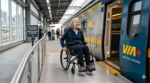 A traveler using a compact mobility aid to board a passenger train, demonstrating the best travel wheelchair for train commutes and VIA Rail accessibility.