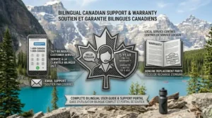 Icon graphic emphasizing bilingual Canadian customer support and a local warranty for a carbon fiber wheelchair.