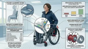 Bilingual technical chart highlighting shock dissipation, custom fit configurations, a Grade 9 titanium hub, and advanced lumbar support to provide maximum comfort for Canadian users.