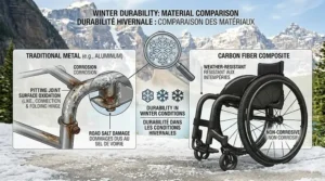 Illustration showing the corrosion-resistant properties of a carbon fiber wheelchair frame in harsh Canadian winter conditions and road salt.