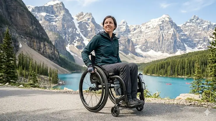 An active user pushes a sleek, black carbon fiber wheelchair on a paved, accessible Canadian recreation trail during a sunny afternoon, mountains in the distance.