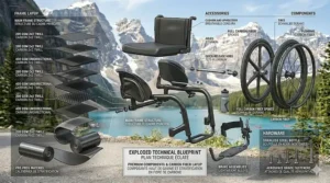 An exploded blueprint visualization revealing the layered carbon fiber weave and precision components of a high-end wheelchair.