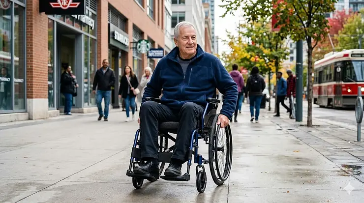 Active individual navigating a clean, accessible urban sidewalk in Canada using a lightweight compact folding wheelchair.
