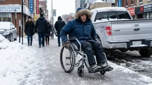 Manual wheelchair user navigating a snow-cleared pathway during a typical Canadian winter outdoor scenario.