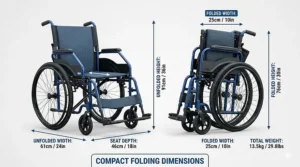 Engineering infographic diagram displaying the precise folded and unfolded width measurements of a compact folding wheelchair.