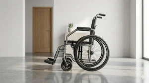 Narrow manual transport style compact folding wheelchair ideal for tight indoor spaces and residential hallways.