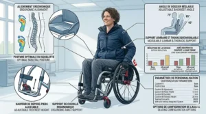 Detailed diagram highlighting optimal skeletal posture, adjustable backrest angles, and customizable seating dimensions available for the best titanium wheelchair models in Canada.