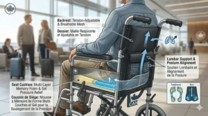 Ergonomic design diagram of an ultra lightweight wheelchair for travel showing breathable mesh fabric and posture support cushions.