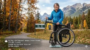 Diagram showing an ultra lightweight wheelchair folding easily into a compact car trunk. / Schéma montrant un fauteuil roulant ultra-léger se pliant facilement dans le coffre d'une voiture compacte.