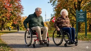 Comparison diagram from a lightweight wheelchair buying guide showing a red folding frame wheelchair next to a red rigid frame wheelchair, with bilingual labels for "Cadre Pliant" and "Cadre Rigide".