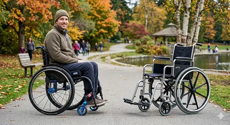 Side-by-side comparison of a folding and a rigid manual wheelchair. folding vs rigid wheelchair comparison