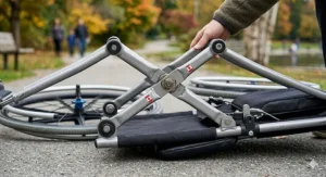 Illustration showing the cross-brace mechanism on a folding wheelchair frame.