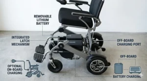 Three step line illustration showing how to fold and lock a manual quick fold wheelchair using the seat release strap.
