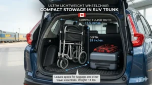 Schematic showing a folded ultra lightweight wheelchair for travel fitting easily into the trunk of a Canadian compact SUV.
