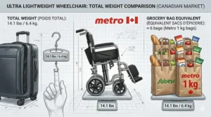 Weight comparison graphic demonstrating an ultra lightweight wheelchair for travel weighing less than 15 pounds for easy lifting.