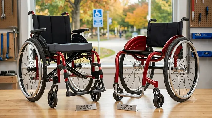 A senior Canadian woman in a blue fleece jacket smiles while sitting in a lightweight red wheelchair on an accessible outdoor path lined with autumn trees and a bilingual "Accessible Path / Sentier Accessible" sign.