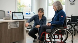A lightweight wheelchair buying guide illustration displaying a blue aluminum frame labeled "Aluminium Élite" alongside a black carbon fiber frame labeled "Fibre de Carbone" on a wooden workbench.