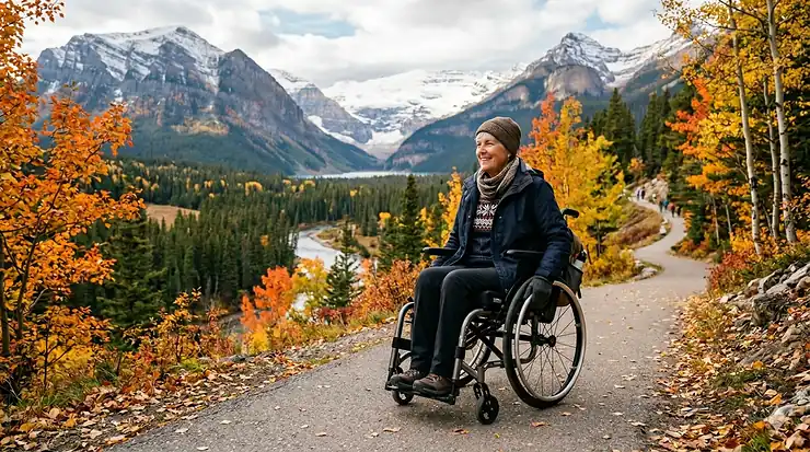 A senior man navigating an autumn path in Banff National Park using the most portable wheelchair, illustrating lightweight mobility equipment options across Canada.