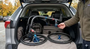 A high-detail photograph of a rigid manual wheelchair with both rear quick-release wheels removed for travel in a vehicle hatch, emphasizing its unified frame.