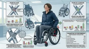 Comparison chart and stress-distribution diagram demonstrating why a superior strength-to-weight ratio and reinforced joints make titanium the best wheelchair frame material for active Canadian users.