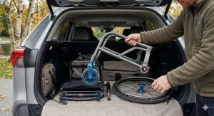 A rigid wheelchair with quick-release wheels removed for easier travel.