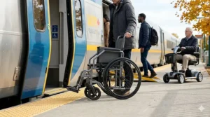 Passengers preparing to board a VIA Rail Canada train with highly portable travel mobility devices and a compact folding wheelchair.