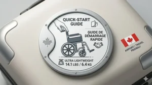 Bilingual English and French user guide cover icon for an ultra lightweight wheelchair for travel sold in Canada.