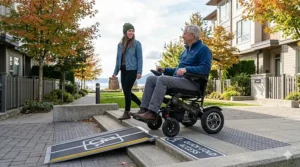 Top down technical illustration displaying the compact turning radius and clearance dimensions of a quick fold wheelchair inside a house.