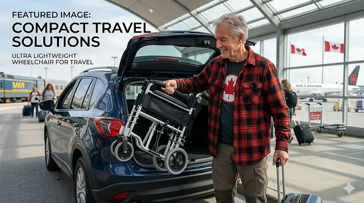 Senior traveler using an ultra lightweight wheelchair for travel while navigating a Canadian airport terminal near a boarding gate.