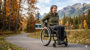 Illustration highlighting the 15 lb (6.8 kg) frame of an ultra lightweight wheelchair. / Illustration mettant en évidence le cadre de 15 lb (6,8 kg) d'un fauteuil roulant ultra-léger.