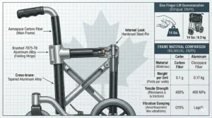 Technical blueprint illustration highlighting the carbon fiber frame components of an ultra lightweight wheelchair for travel.