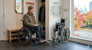 Diagram showing the folded footprint of a wheelchair in a small home entryway.