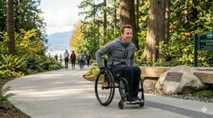 Person using a fixed frame wheelchair on a smooth, accessible park path.