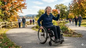 Confident senior using a wheelchair to maintain independence outdoors.