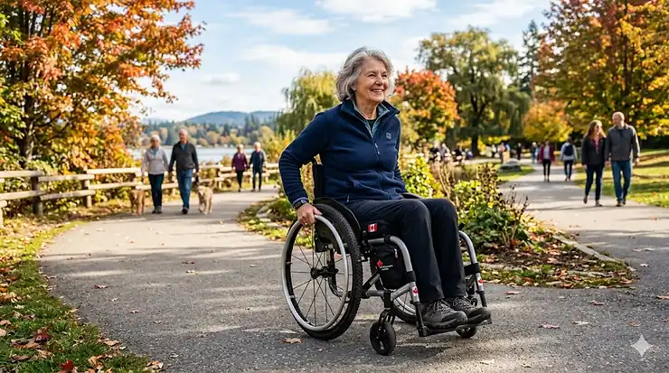 Active senior using a lightweight wheelchair in a sunny Canadian park.