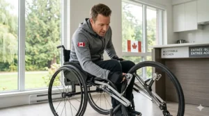 User adjusting the seat height on a versatile folding frame wheelchair.