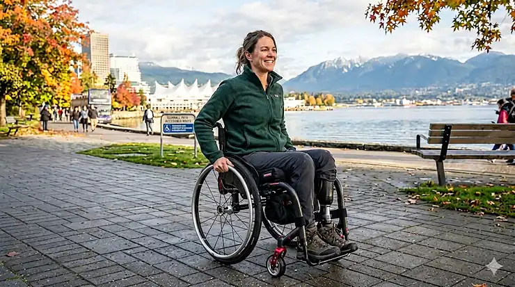A photorealistic 4K photo of a user in a modern custom wheelchair with red hubs navigating an accessible path in Vancouver, set against the Canada Place sails and snow-capped mountains. The accessibility sign features bilingual (EN/FR) text. best custom wheelchair